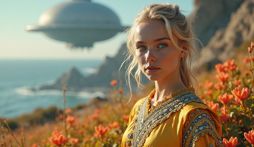 Beautiful girl image of golden skin and blue eye with lighting girl who wear a yellow and pink color dress with a robotic suits in the beach around the dense forests mid of forest