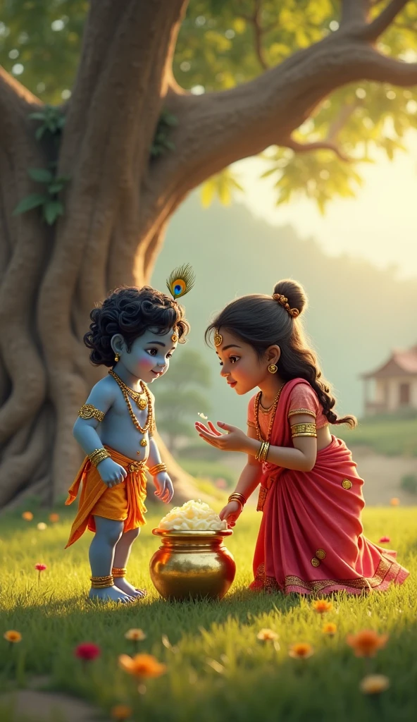(photorealism:1.2), A 3D render of a medium shot of a cute baby Krishna with a peacock feather in his hair, singing a flute. He is wearing a yellow dhoti and a flower garland.
He his stand on the shoulder of his friend and eating white butter from the vessel hanging on roof of the home ..The lighting is dramatic, with a bright spotlight on Krishna and a dark background.