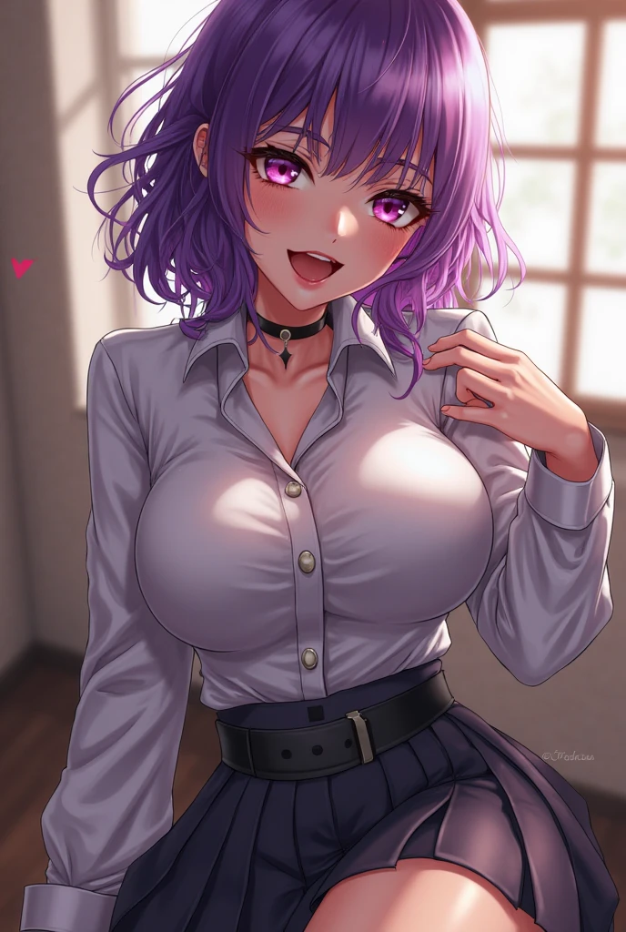 (8K、Top image quality、top-quality、masterpiece)、A detailed face、1 girl in、Light purple hair、short-hair、Purple eyes、piercings、((Brown skin))、((skin tanned))、evil smile、((white shirt))、a necklace、((Removed button))、cleavage、((Black miniskirt))、sit on a bed、((raise your knees and open your legs))、((light purple))、((zebra print panties:1.0))、Taken from below、bedroom background