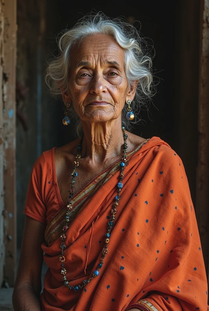 Grey haired Indian woman with a sleeveless blouse and low hip saree