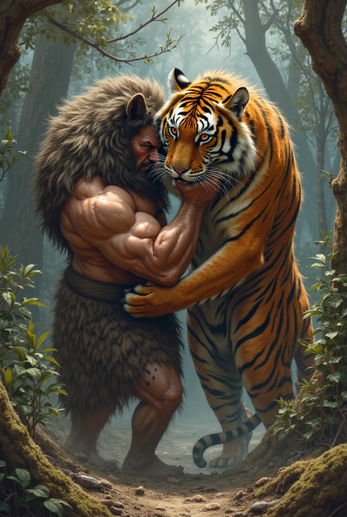 A man is tied to a tree, and in front of him is a large muscular tiger (a barbarian tribe) standing looking at the man and taking off his pants.