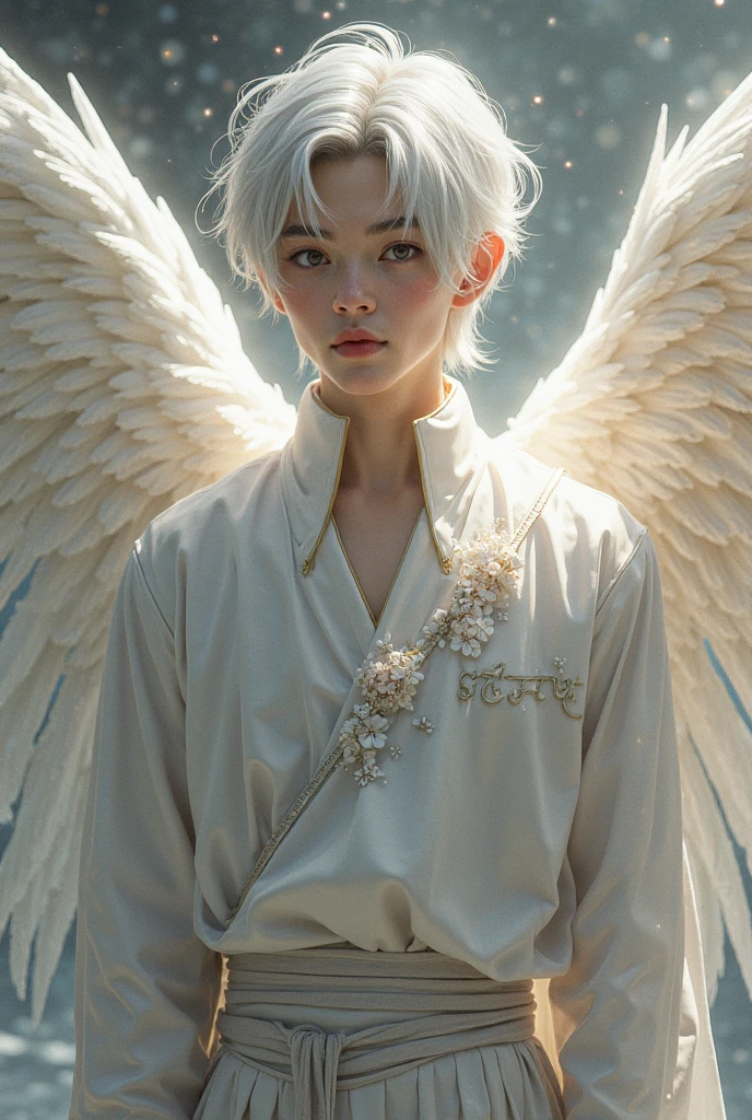 Japanese boy Angel god々Shii Handsome 優Shii It's like I'm talking to you front, A gentle, white and gold-winged male pale white skinned, white hair, blue eyes, Asian features, Athletic body, mid 30s angel (simple design) - Soft colors, with a subtle glow - Ethereal background, with a subtle texture I want it as a man, walking through the garden of Eden, 32K UHD, best quality, masterpiece, Style Raw, hyperrealistic.