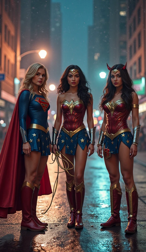 Corps de femme ensemble gros seins, Robe de costume de Supergirl, Qualité 16k, hyper détaillé avec des collants noirs bas noirs, bottes, sous la pluie