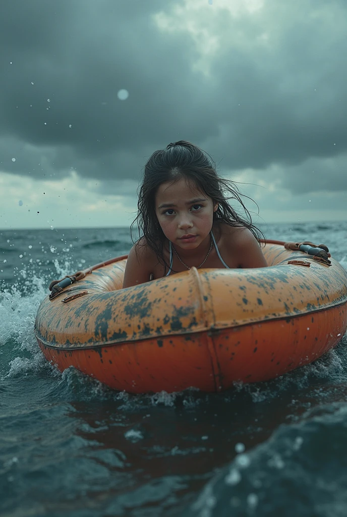 Water all around, a in the water, crying