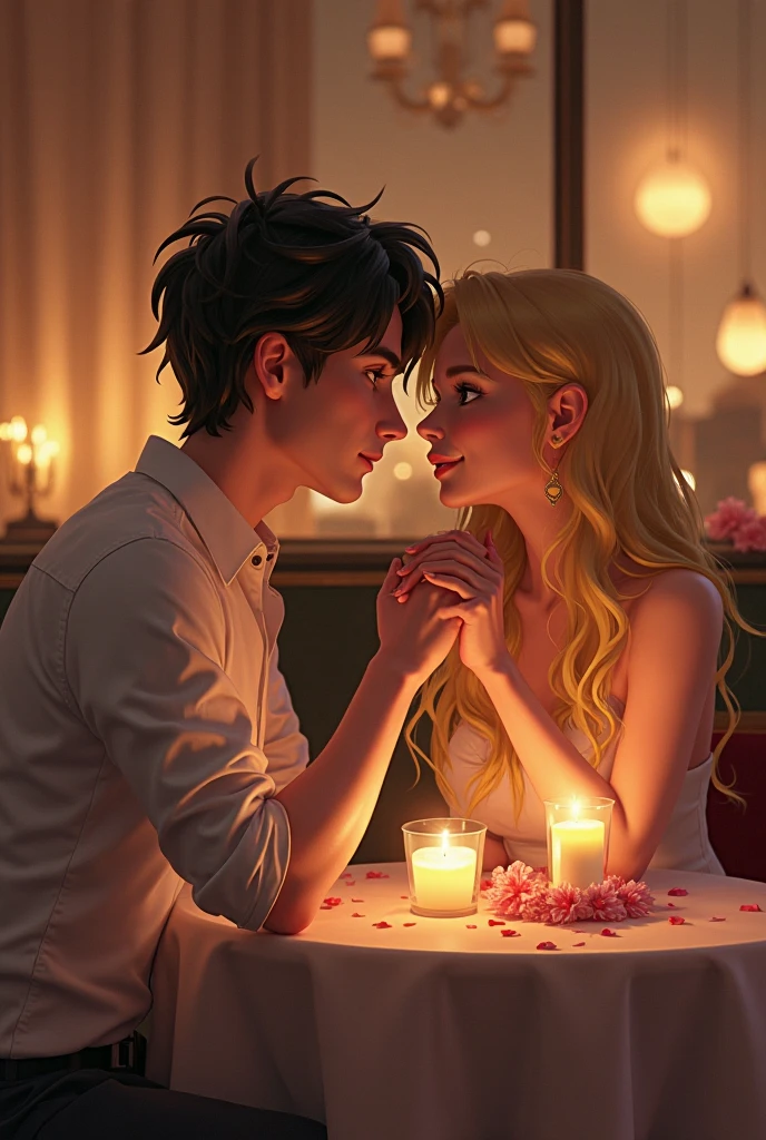 A couple at a restaurant table having dinner, they are laughing and happy, the woman has very short white hair and violet eyes, the man has black hair and wears a black dress shirt