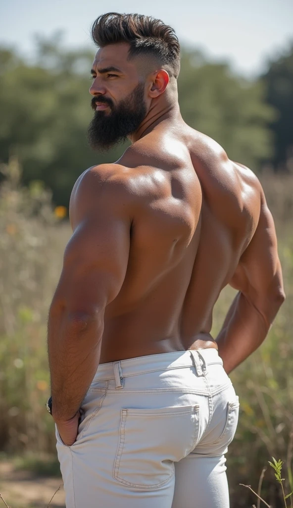 (ultra-high-resolution 8k, best quality, photo realistic:1.4) fashion model, american, man, athlete, dark skin, 30years old, (black and short hair, dreadlocks:1.2), oblong face, black eyes, stern eyes, bushy eyebrows, grecian nose, (full beard:1.2), (muscular body), double eyelid, closed mouth and , Well-balanced face, wearing white no-sleeve top, exuding the vibe of a fashion model with a neutral, serious expression, (from behind), upper body, detailed hair, hollow cheeks, portrait lighting, epiC35mm
