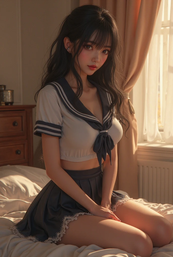 (((Woman lying on bed in bedroom)))、Accentuate your breasts、(((school uniform:1.3)))、Open white shirt、(((Check pleated skirt that fits snugly against the skin:1.7)))、(Reddish brown wet shiny short hair)、hairpin、hair ornaments、Blushing cheeks、Pointed red mouth、Large Breasts、Perfect body curves、Beautiful clavicle、Wet Hair、Wet Face、Wet body、Wet Skin、Wet costume、Detailed clothing features、Detailed hair features、Detailed facial features、Looking into the camera、(Dynamic Angle)、(Dynamic and sexy pose) )、Cinema Lighting、(masterpiece、Highest quality、Ultra-high resolution output images、Write Boundary Depth、Intricate details、Add depth to your subject with contrast between light and shadow、)、Digital Illustration、Single-lens reflex camera、(Realistic:1.3)、(8K quality、Anatomically correct facial structure、)、(Picture Mode Ultra HD、)