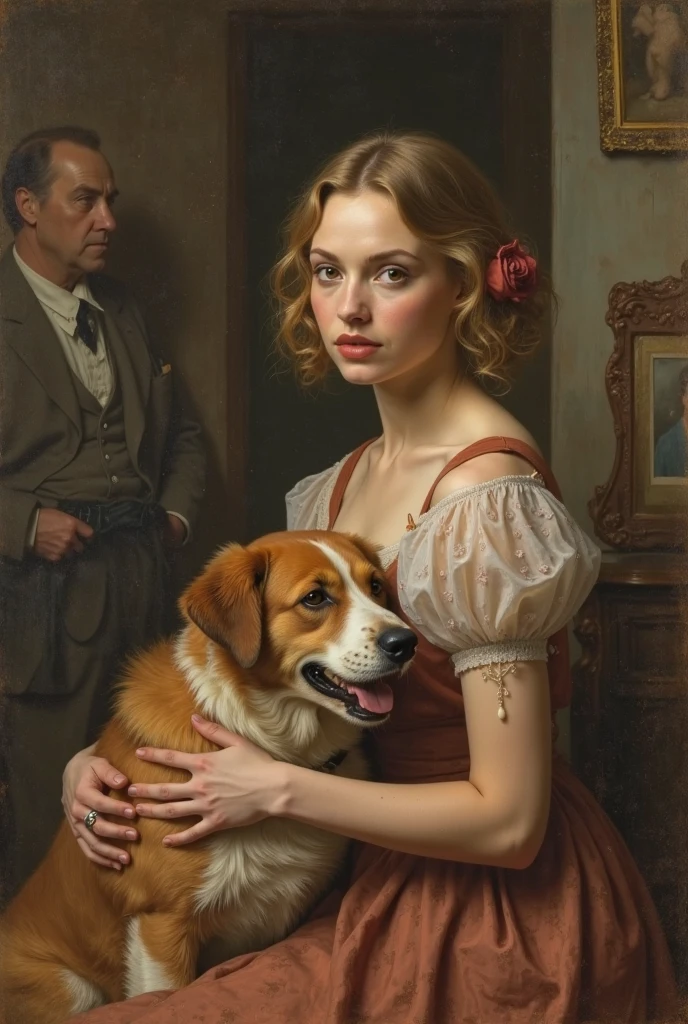 A Danish girl in a red dress hugs her pet dog Teddy, happy expression, detailed portrait, real, strong texture, medium shot, half body shot, glare background, realistic painting