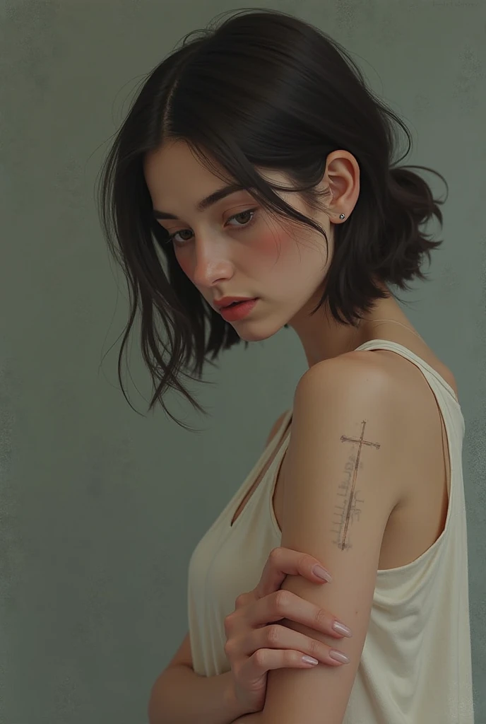 brunette woman with tattooed arm with minimalist tattoos all over her arm and curly hair