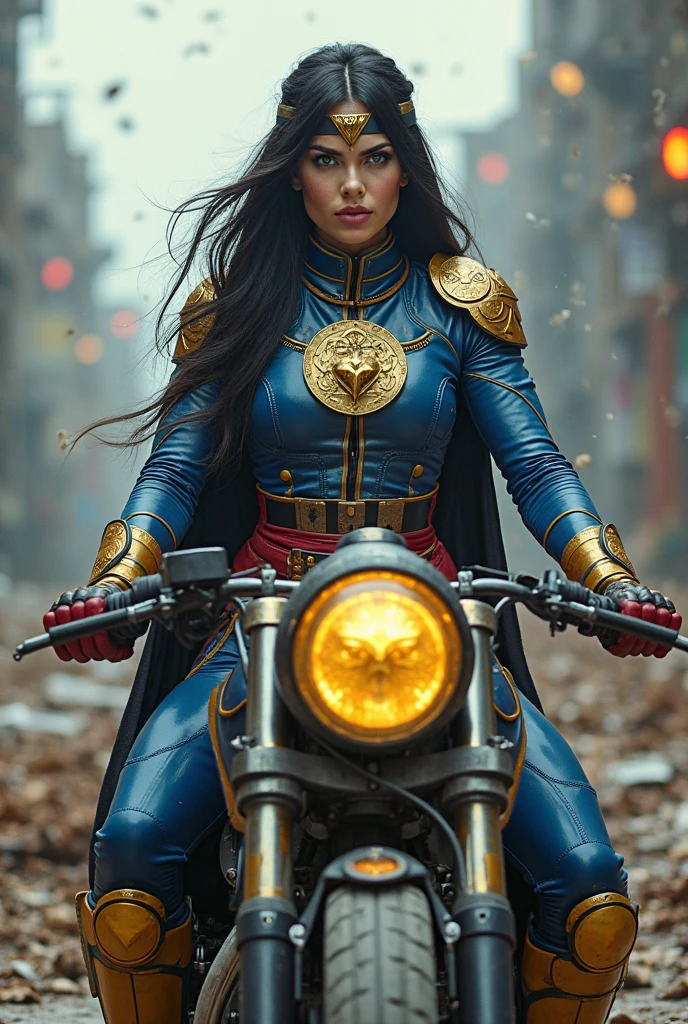 (((In extreme close-up a beautiful woman with long black hair (((Diaema in golden circles on her forehead)))Under the cloak of Big Barda light eyes her superheroine costume is samurai themed. Her usual costume is a blue leather jumpsuit with scales all over the suit and a gold armor corset over her jumpsuit, thick red belt, burnt yellow boots and gloves on a large, high-cylinder motorcycle in an apocalyptic city with a lot of destruction.))),(((Big Barda logos on the motorcycle))),(((Side images)))