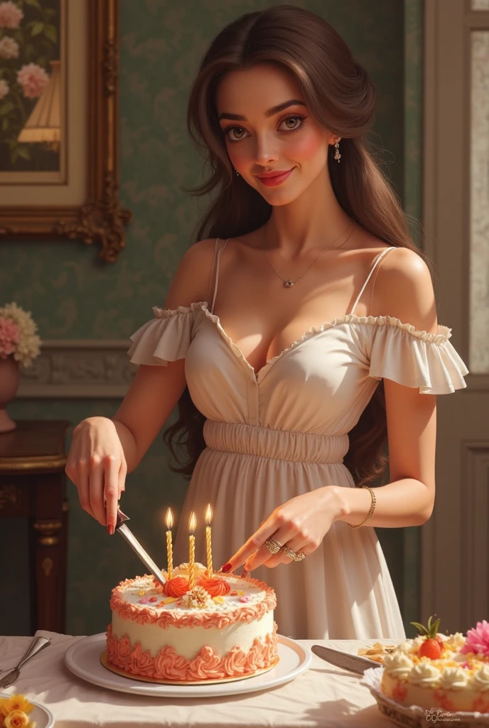 masterpiece, best quality, Woman holding a whole cake, 8k, White background，Solid color background，Woman holding birthday cake, 8k, (Clear focus,  Very detailed) Warren Tufts, Retro, deep cleavage 