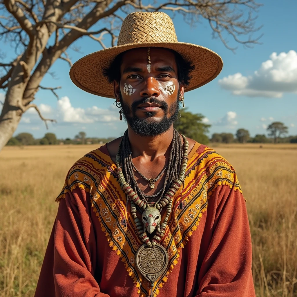 homem africano de pele negra muita escura, Indian uses bow and arrow in his hand, Indian style feather headdress, african necklaces on the neck, wears a leopard skin skirt, is in the forest, His virtues are courage and intelligence, protetor dos animais e da floresta