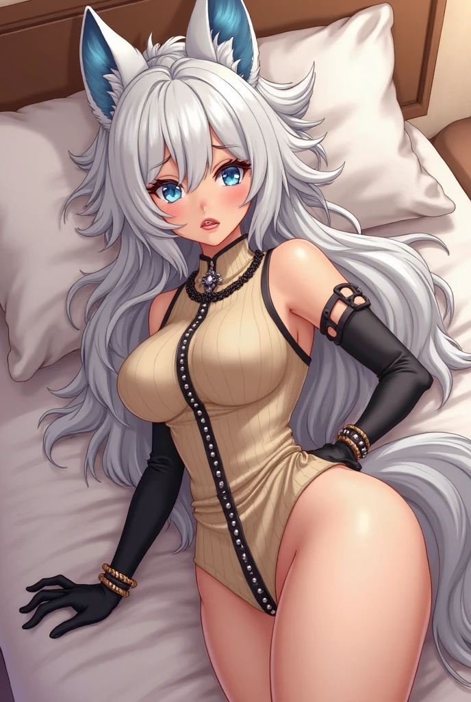 1girl, solo, cat girl, (single braid, medium hair, white hair, black streaked hair:1.2), (amber eyes, gradient eyes, glint:1.25), (seductive smile:1.2), (virgin killer sweater:1.25), (cat ears, white cat tail:1.15), (gigantic breasts:1.25), (wariza, leaning forward, brushing hair, looking down, looking at viewer:1.2), no bra, cameltoe, bare legs, bare feet, bedroom