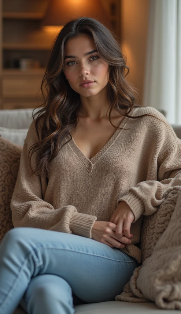 La caméra capture une jeune femme de 25 ans aux cheveux bruns courts et aux yeux noisette.,((gros seins)), his upturned nose giving him a unique and attractive look. Elle a des lèvres charnues et porte un maquillage naturel minimal et mignon. Ses yeux pétillent et elle porte un pull marron, elle a l'air mignonne et innocente, look coquin,vue de dos