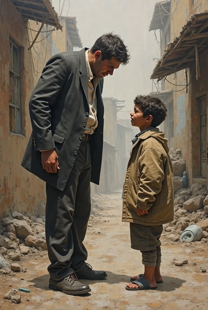 Create a drawing of a man watching a TV in a shop window where they show children suffering from the war and next to the man a child sitting shivering from the cold.with little clothing and torn.The child is crying but the man just looks at the TV screen