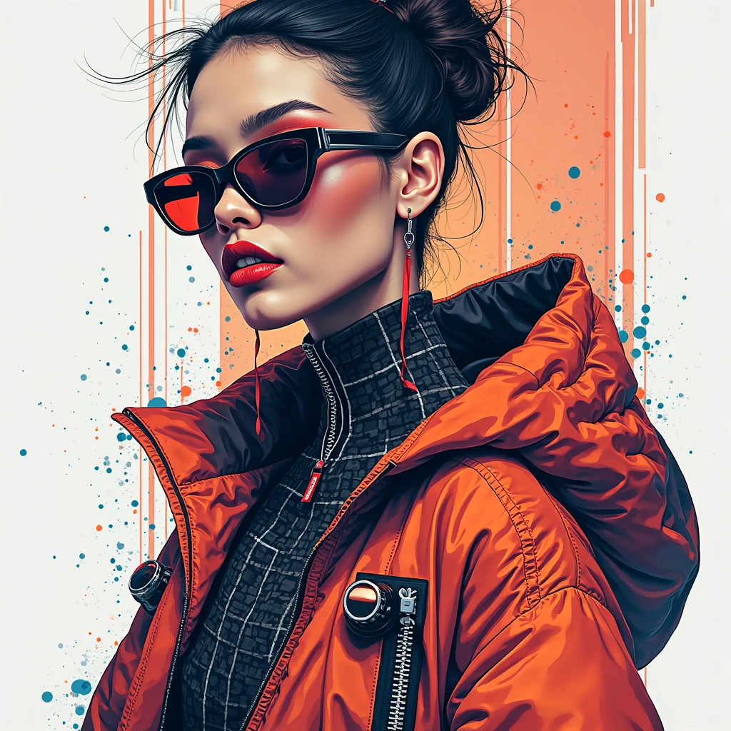 (atompunk+minimalist) style, a beautiful and intricate background composed of (spheres and lines), featuring a (techwear xadrez jacket with textures), 1 redhead girl in lingerie adds a touch of sensuality.