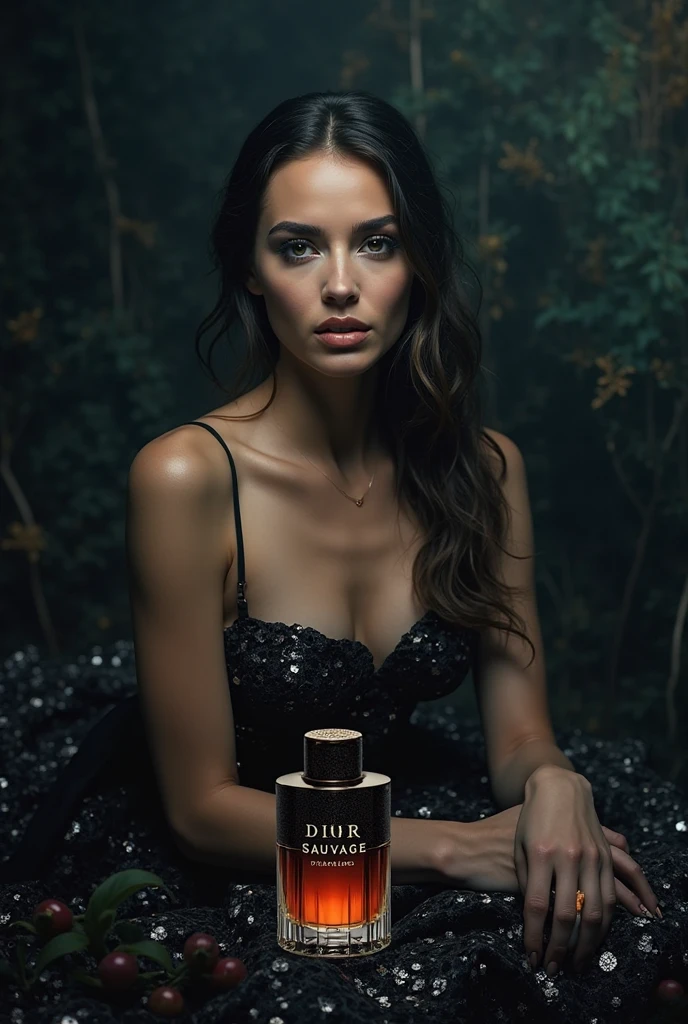 image ultra realistic, 4K, brunette woman, blue colored eyes, de corpo todo, (((holding a perfume that says ToxGalaxy)))
