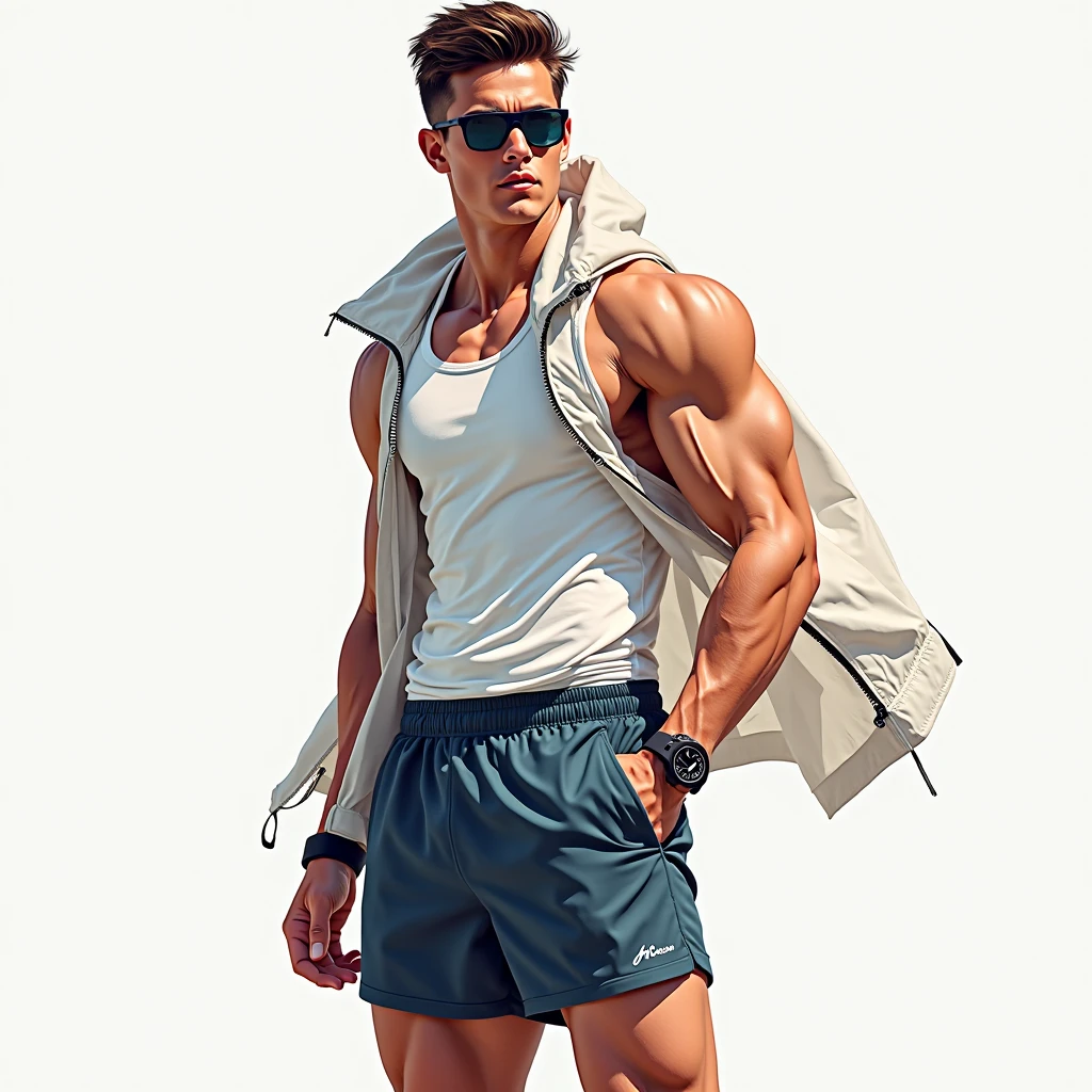 (dynamic lighting), (75mm), (realism), (realistic)), (depth of field), (UHD), (32k), (Mastepiece), (highres, high resolution), (Advanced facial details), (shiny skin), (photorealistic), (dslr), (soft lighting), (high quality), (clearly face), ((full body shot:1.5)), (finely detailed face), (top quality), (Best Quality), 1man (bulging gigantic muscles:1), (Detailed baldness:1), (bald head:1), shirtless, (very low-rise running shorts) with a ((large bulge:1)), Take the whole body, Walking posture Manly, Look at the camera, (Make eye contact), manhood posture, Manly deportment, Have morals, masculinity, manhood, very detailed facial parts, very detailed neck, Manly, waterfall background, happy expression, professional photos, soft focus, very detailed, Ultra high resolution, perfect anatomy, The body is very symmetrical, Highly detailed, detailed face, Detailed eyes, proportional eyes, very detailed mouth, Leaky abdomen, thin, small waist, realistic, human skin, handsome chad chin, Be a man, human skin, handsome, charming, Photo taken from the front, perfect composition, very detailed hands, very detailed fingers,