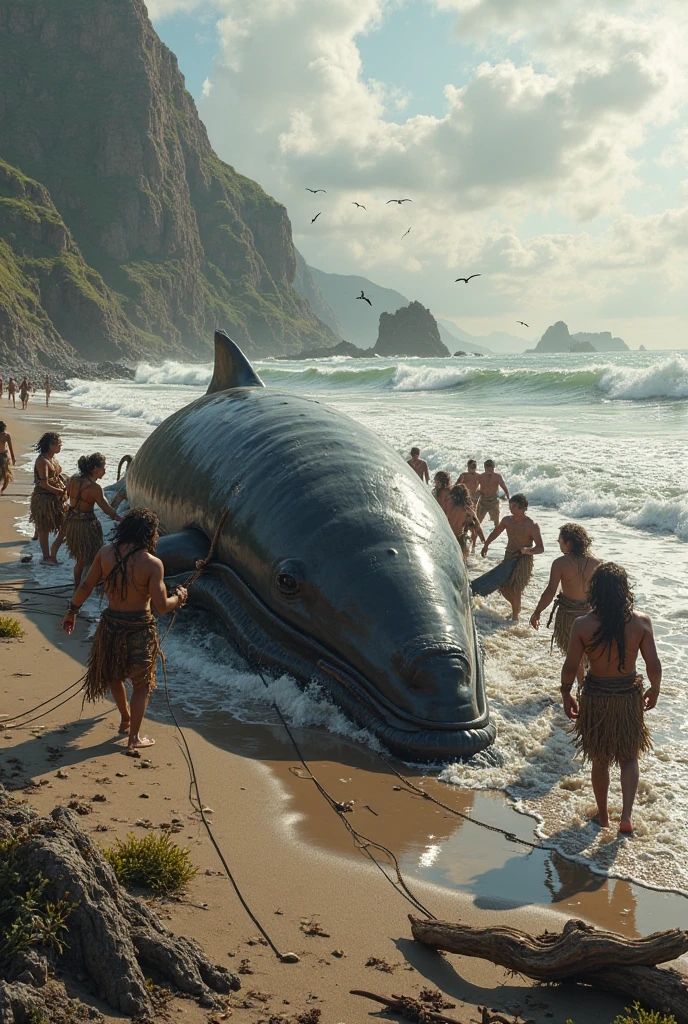 Image of people using a rope to pull a whale
