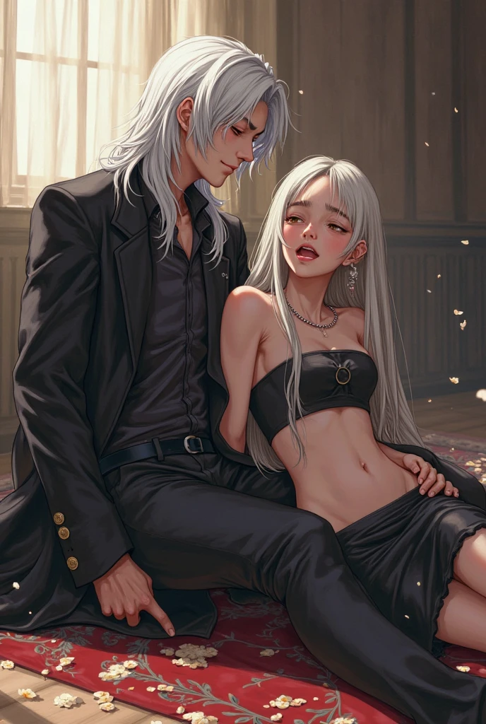 ((Best quality)), ((masterpiece)), (detailed), ((perfect face)), ((halfbody)) 1 boy with white hair sitting on a sofa shirtless wearing jeans kissing 1 girl sitting on his lap with long black hair wearing a bra and mini skirt eyes closed, kissing, lustful atmosphere