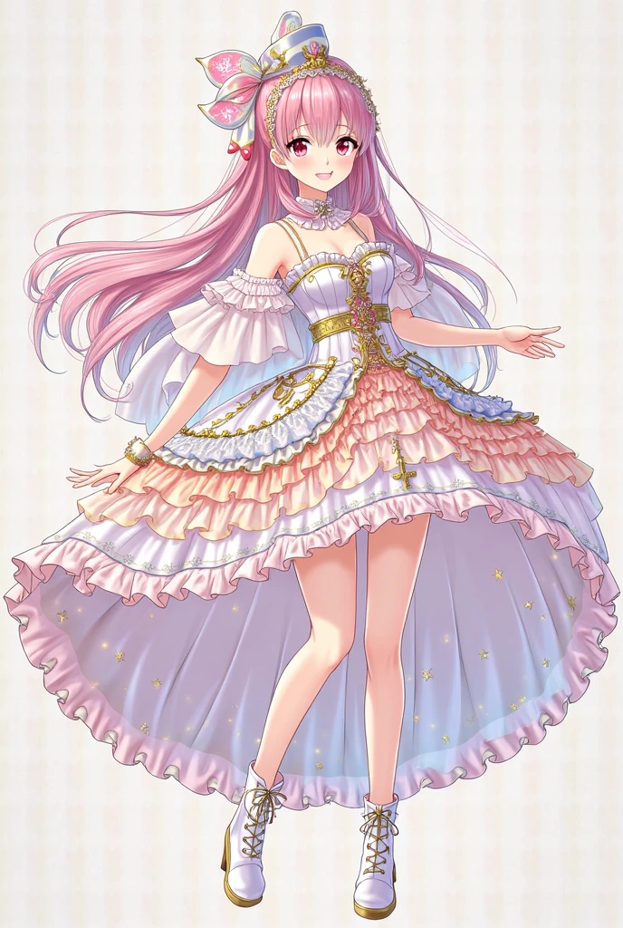 Create an anime-style girl with deep magenta eyes and long, wavy pink hair styled in an elegant updo. She is slender with small breasts. Ensure a full-body shot of her wearing a magical girl-themed outfit. The outfit features a fitted bodice with a sweetheart neckline, gold embroidery, and pastel pink accents. The bodice has delicate rose gold spider web patterns. She wears a multi-layered knee-length skirt with a high-low hemline, the outermost layer sheer with gold and rose gold spider web patterns. She has off-the-shoulder puff sleeves, arm-length pastel pink gloves with gold trim, and a gold choker with a red gemstone. The outfit includes a short, detachable sheer cape with rose gold spider web patterns and is fastened with gold brooches. She wears pastel pink ankle boots with gold heels and rose gold laces. Accessories include a gold tiara with a red gemstone and gold spider-shaped hairpins. The overall look is regal and ethereal, with magical glowing effects.