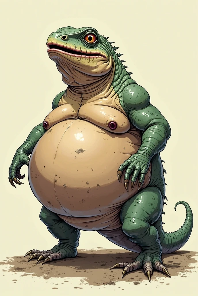 Man with body frog and crocodile face Gigantic breast implant extremely addicted to cosmetic surgery, red bikini, Gigantic butt implant,