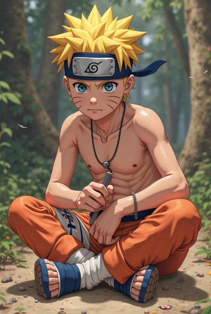 Original animated image in realistic HD style of Naruto Uzumaki shirtless wearing tight underwear, sitting facing forward and showing the soles of his feet 👣🧦, detail the plants and the toes of his feet, don't show your nails