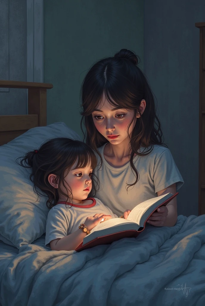A young girl (J.K. Rowling as a child) sitting on a bed or in a cozy nook, telling stories to her younger sister, surrounded by drawings of fantastical creatures.