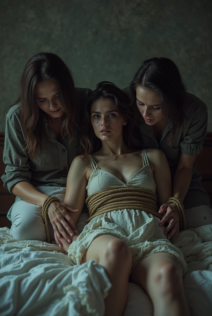 Setting set in medieval times.
Four half-naked women embraced and asleep in a large bed. Glasses and bottles of wine lying on the floor. A sword next to the back of the bed.