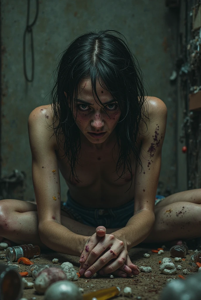 European skinny young age girl being treated like animal beast, at school, pokie flat chest, dirty bloody skin, seducing pose, sitting on the floor, bruises, bloody scars, hidden camera, horror videogame trailer, hairy, empty house, correct anatomy, hiding in school toilet, correct legs