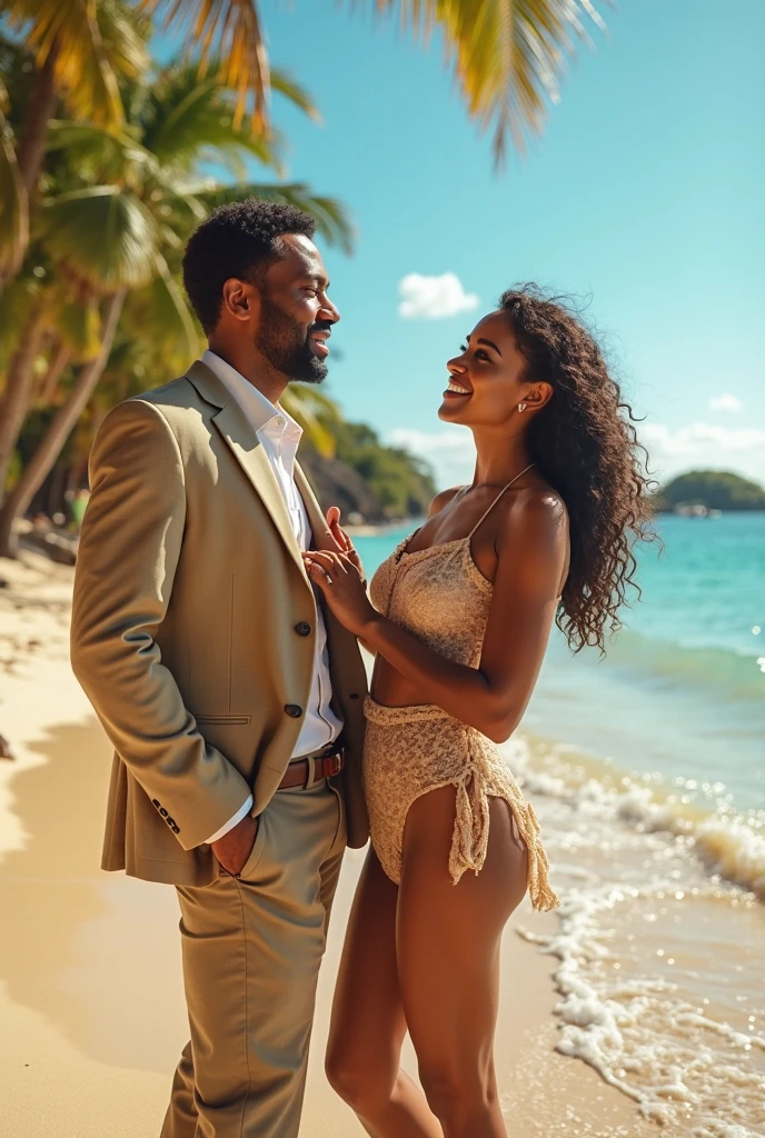 detailed portrait of a beautiful woman with green eyes, chocolate skin, and curly hair, walking on a beach with a handsome African-American man during a summer sunset, cinematic lighting, highly detailed, photorealistic, (best quality,4k,8k,highres,masterpiece:1.2),ultra-detailed,(realistic,photorealistic,photo-realistic:1.37),dramatic lighting,dramatic colors,vivid colors,stunning sunset sky,ocean waves,wet sand,romantic atmosphere
