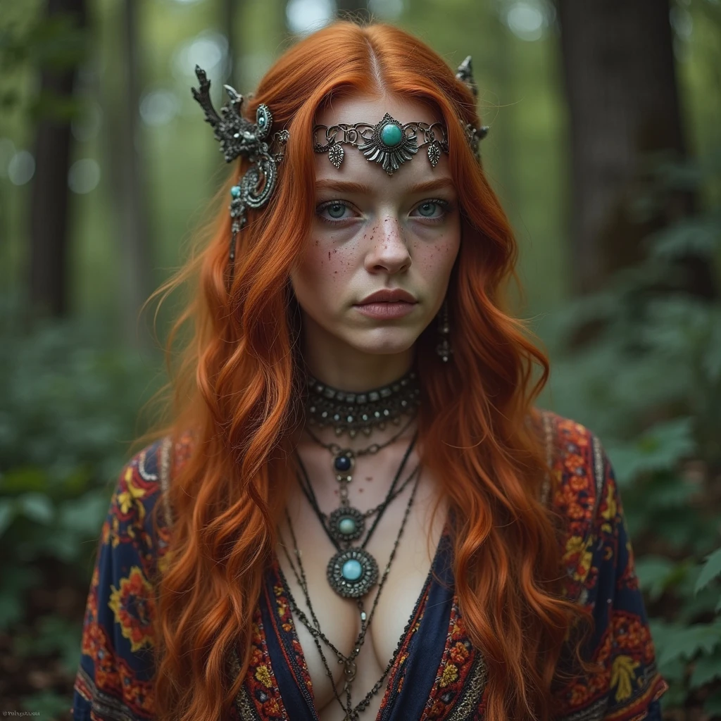 Beautiful girl with hippie style in a forest. Red, long red hair with dreads. Her breasts should be seen tgrou her clothes