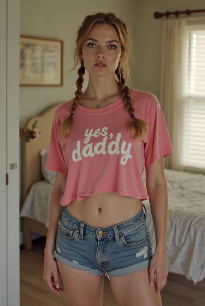 chica linda con una remera rosa corta y un short en una cama de dos plazas con un chupetin en la boca