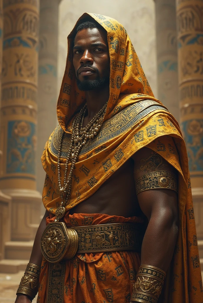 Um rei negro africano, sentado em seu trono e com uma coroa imponente, rodeado de suas riquezas.