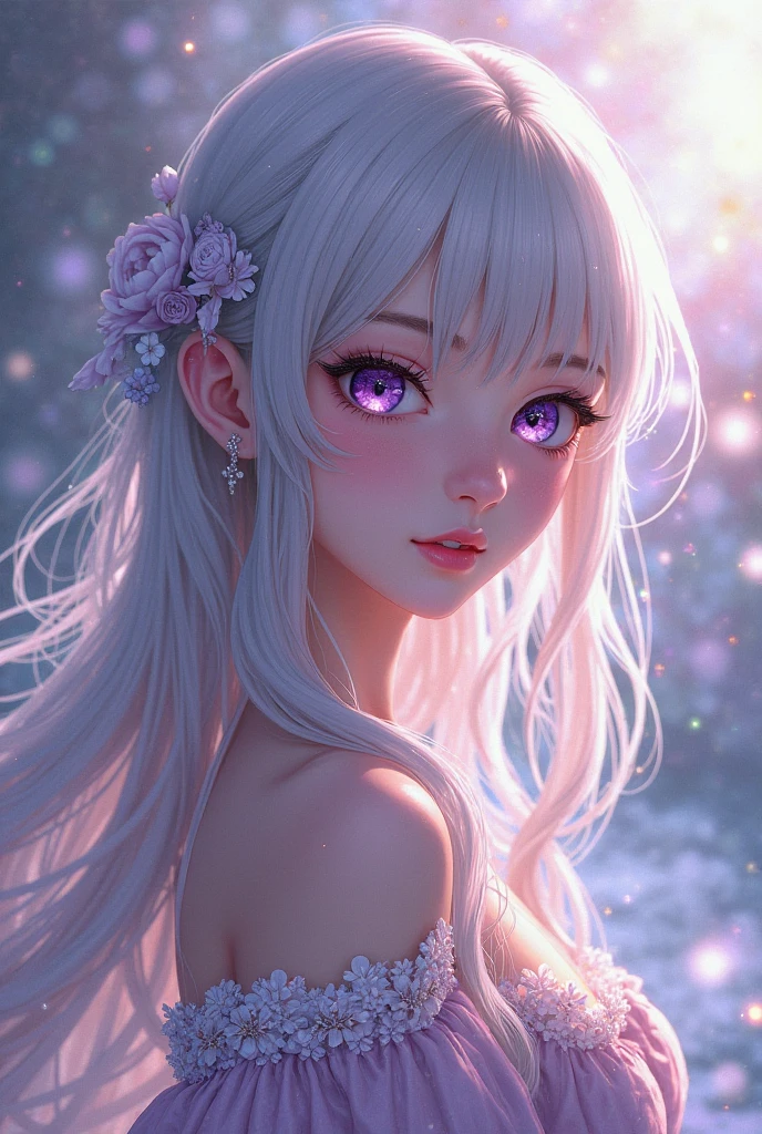 (Highest quality、Highest quality、Masterpiece、Very delicate、Very detailed、Exquisite、16K、Full HD)、1 female、(Silver dress、Flared mini skirt、gem、ribbon)、Small breasts、Perfect body line、Glowing Skin、(Groomed eyebrows、Pink Lips、Red eyeysterious Face)、(Blue Hair、Curly Hair、Shiny Hair、Braid)、Dramatic lighting、(Starry Sky、lake、Aurora、nature)