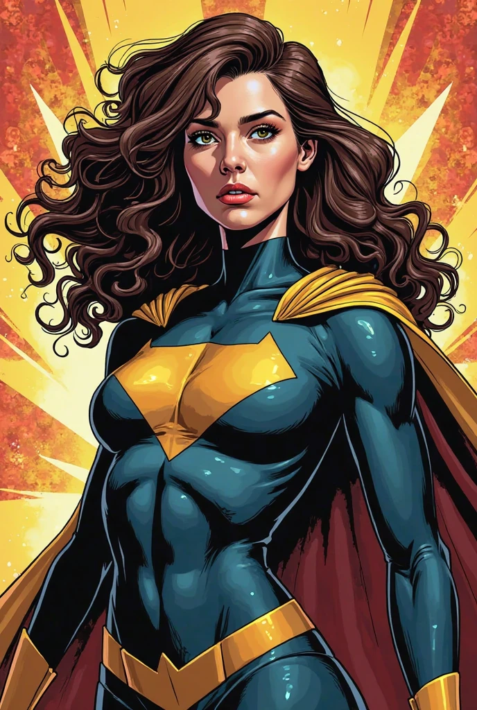 Absurd resolution, high resolution, (masterpiece: 1.4), hyperdetail, 1girl, facial focus, night, mature, beautiful and  woman, a powerful superheroine wearing yellow cola and green long cape, serious and cold expression, flying over the city skies (1.3)
