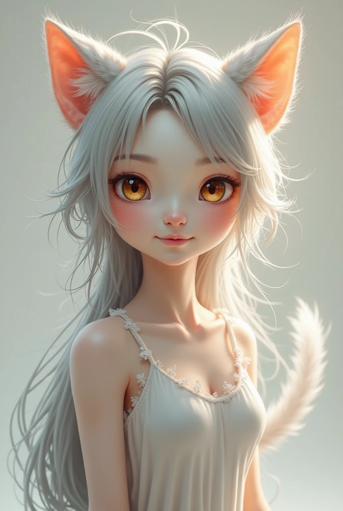 A cute wolf ear girl with white hair 
