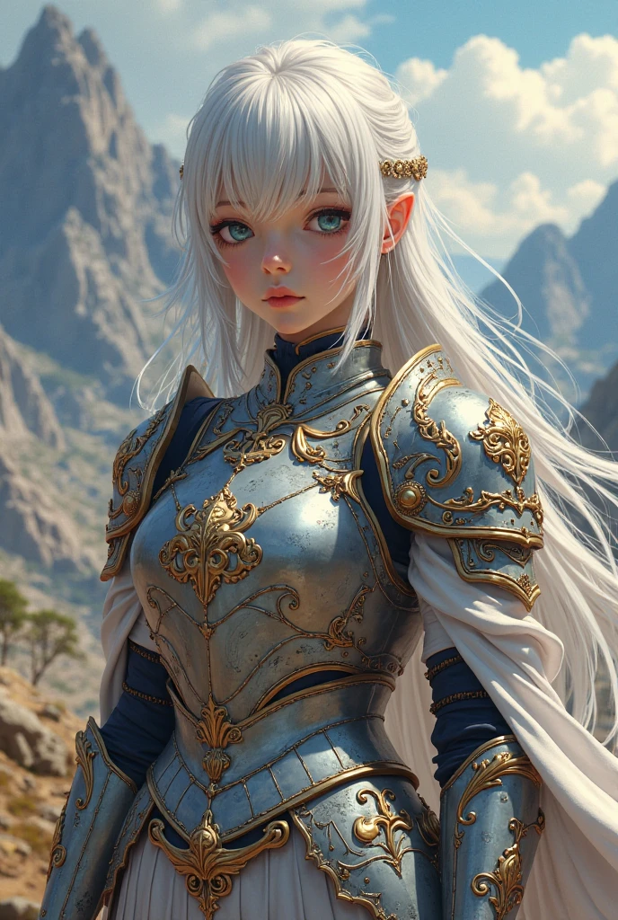Surreal　Very detailed　Ultra Fantasy　Ultimate Details　Ultra-high resolution　8K 32k 3D 　Clear Eyes　Silver髪　　In his left hand he holds a magnificent medieval shield　mechanical engineering　Mechanic Art　　intricate and elaborate design, money, Silver　Dynamic pose　Robotics　Cinema Lighting　The Rosesgun nameplate is inside the shield.　Girl　Gauntlet　