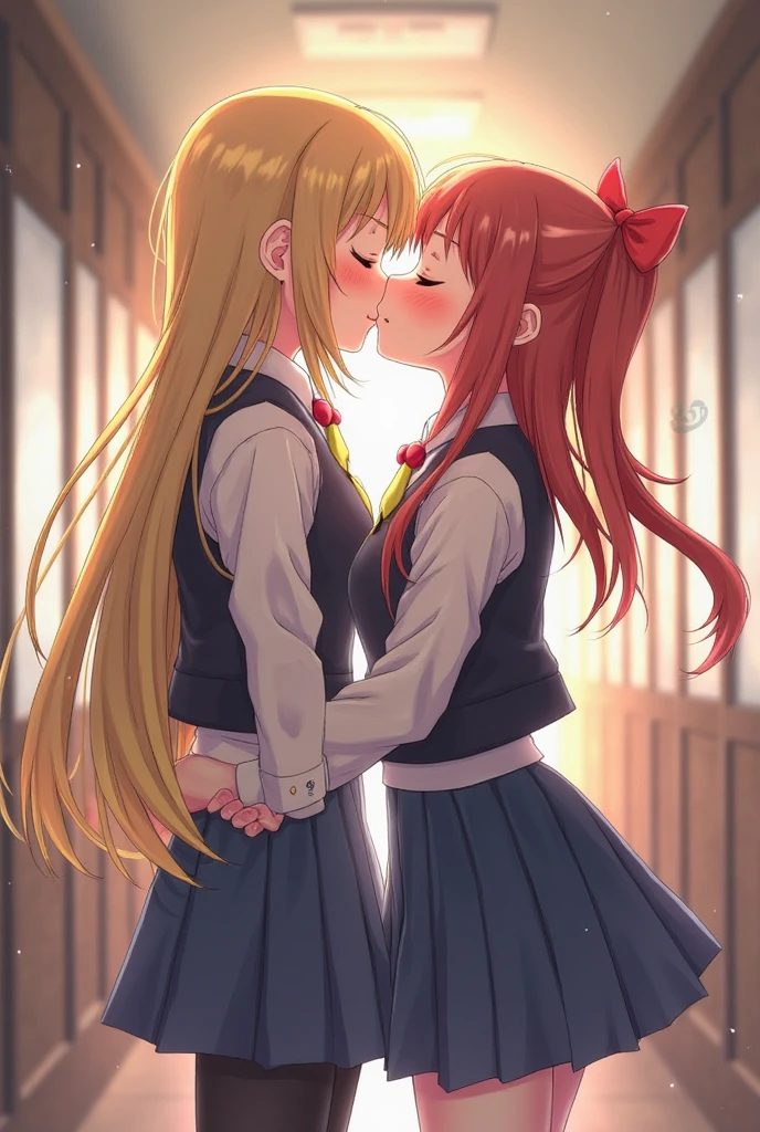 A girl with blonde twintails and a girl with red hair with both sides raised touch their noses., Open your mouth wide to the maximum, and smell each other's breath.