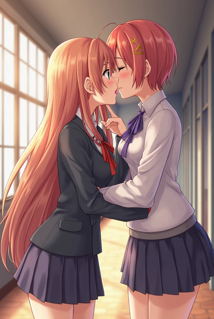 masterpiece, best quality, nsfw,
2girl, kiss,
summer , plaid skirt, red hair, ponytail, embarrassed face,
classroom, sunset,