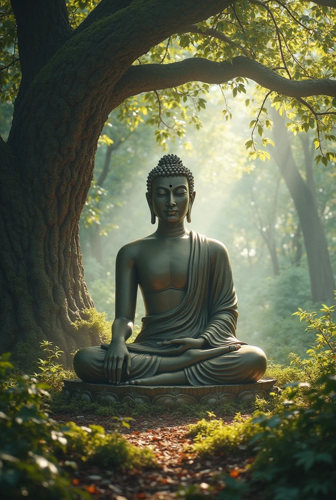 “An HD image of Gautam Buddha in a meditation pose, with soft rays of sunlight filtering through a misty forest.”