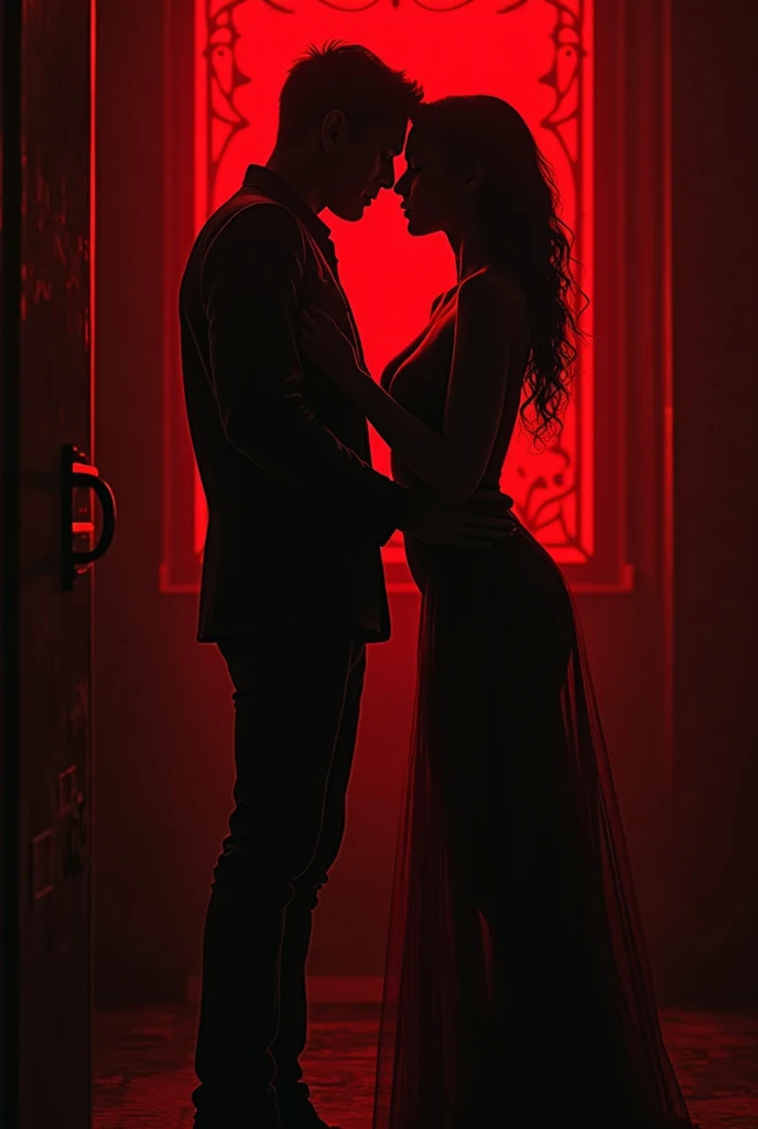 Shadows of young people, a man and a woman kissing and a third shadow of a woman in the red room as a background (only one)