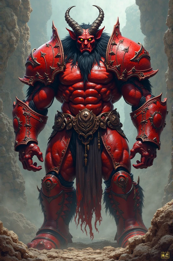 Three ogres standing in a misty mountain landscape。The ogres are muscular.々in、Wearing a tiger striped loincloth、In one hand he holds a large, spiked metal club.。The leading ogre in front、獰猛in威圧的かつ、まるinドラゴンやタイガーの様な表情in、Looking directly at the viewer。There are two ogres behind him.。The image was taken from a low angle、Looking up at the ogres。これらのオーガはおinこの中心にまっすぐ、Thick、Short、The corners of the cone1Hon-growing。The ogres are taking big steps forward、肌はワインのように赤いinす。Get your whole body in the frame、ゆっくりと進撃しているポーズin描かれています。
