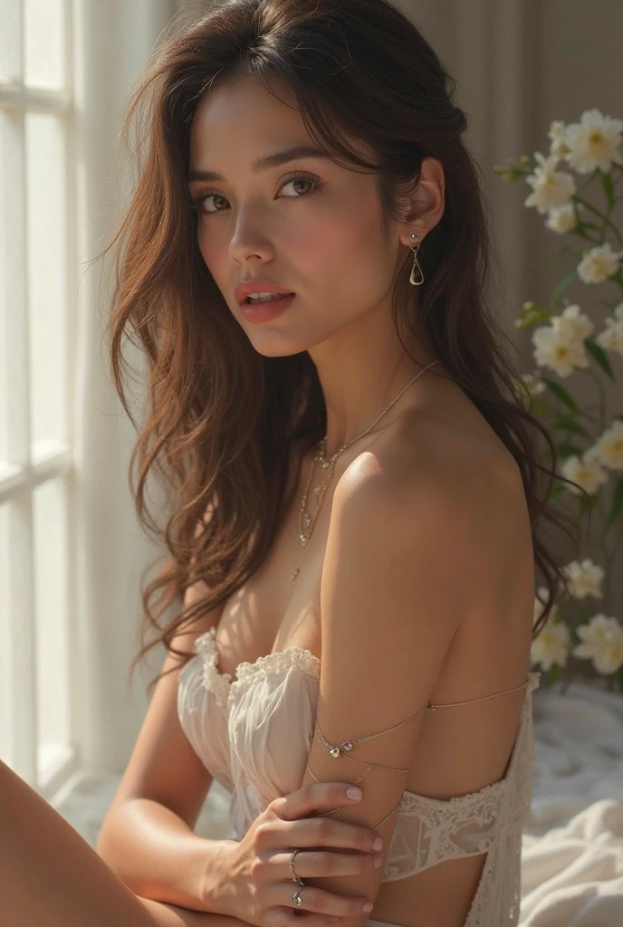 A beautiful woman against and orange background covered in flowers