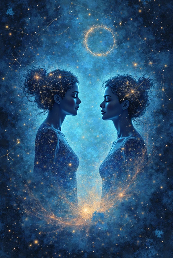 a Gemini stylized zodiacal symbol ((silhouette)) formed by bright stars. Cosmic background