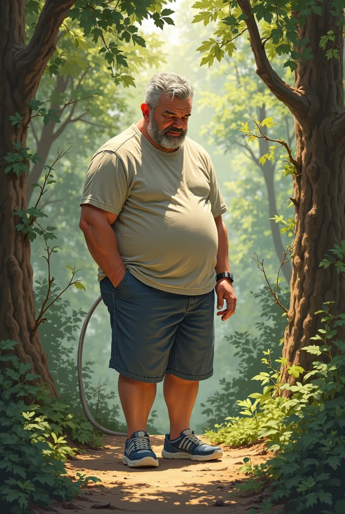 evocking evoking virtue between vanity and lazines, barroque oil painting, dramatic scene, , ((a Latin man with a slim, toned athletic body, barefoot wearing white clothes, ))walks in the middle of the forest, ((on the right a white man with a beautiful athletic body, a perfect shirtless symmetrical and masculine face)) on the left ((a fat man with old and torn clothes looks at his phone cell phone)) in the background scary scene of poverty and illness