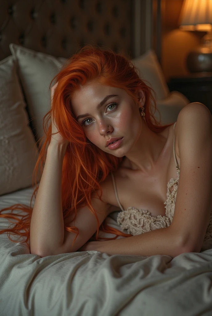 professional portrait photograph taken from above of a gorgeous beautiful sexy girl in the most beautiful highly detailed tank top and micro thong lace panties with ((long wavy red colored hair)), lying down on her back sultry flirty look, freckles, gorgeous symmetrical face, cute natural makeup, massive accentuated super huge enormously gigantic breasts, luxurious bedroom background