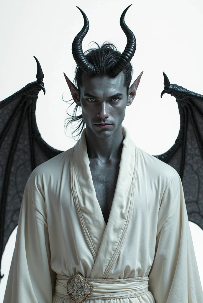 a young man who is a combination of an angel and a devil. Half of this man looks like an angel with a halo, a white robe, and holding a harp. The other half looks like a devil with red skin, sharp teeth, horns, a pointed tail, and holding a trident. heaven and hell background.