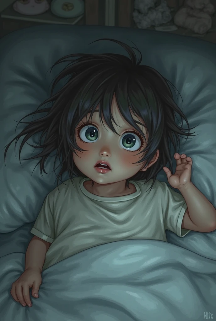 Black haired boy waking up from bed in shock