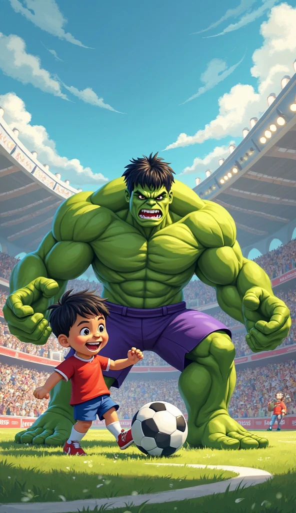 Masterpiece,best quality,8k,high graphic,hero HULK as a ??? playing football with the childrens in a football court,detailed children,kick the ball,smile ,detailed smile, cute HULK,short HULK,ultra detailed quality,ultra detailed graphic